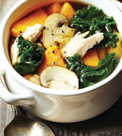 Chicken Soup with Sweet  Potatoes, Kale & Mushrooms